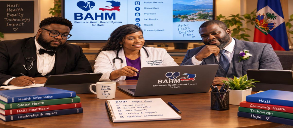 The BAHM team — a nurse practitioner, her husband, and a longtime friend — seated together at a table with laptops showing the BAHM platform.